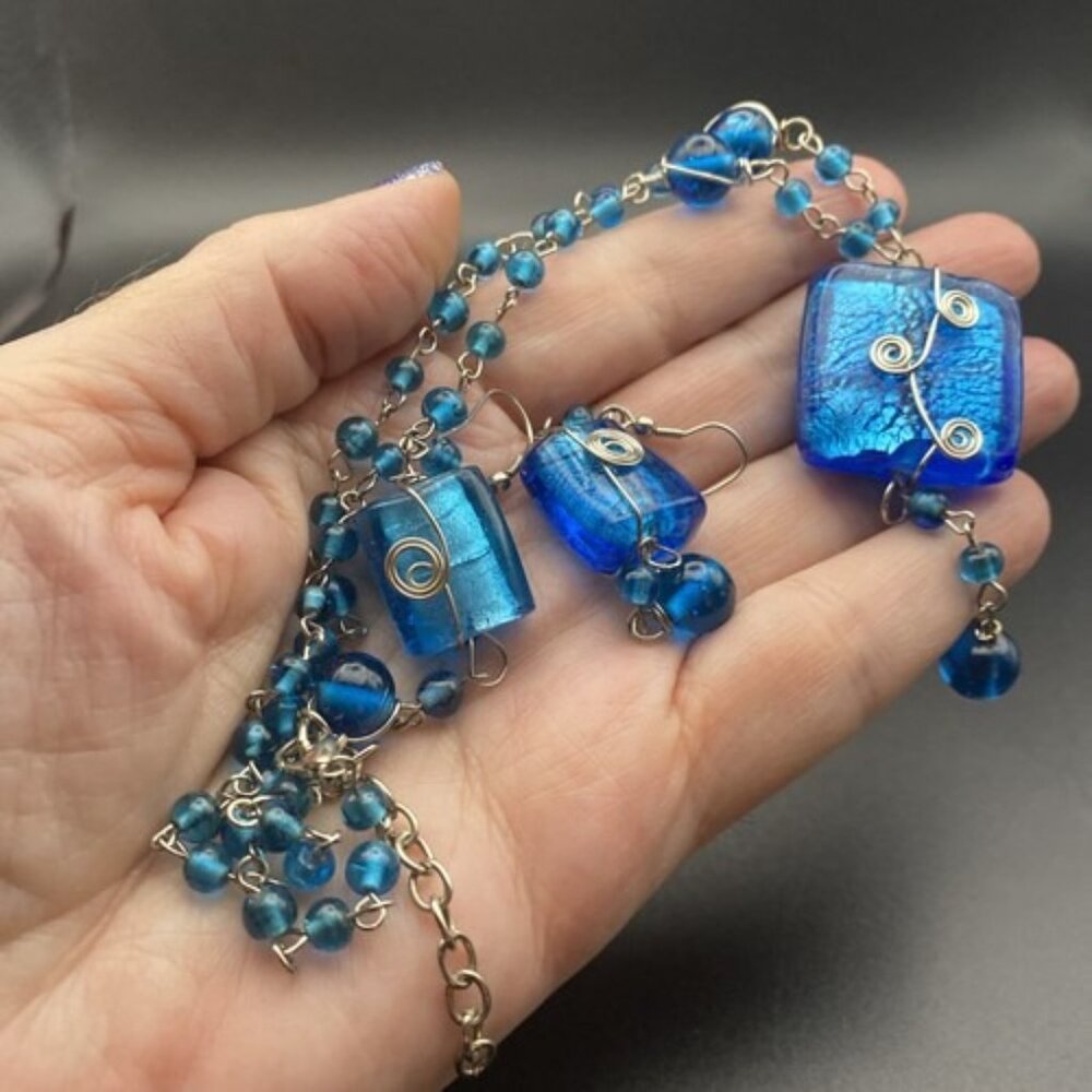 Chunky Necklace & Earrings Blue/Silver Foil Lined Rectangle Glass Bead Wire Wrap - Picture 2 of 9